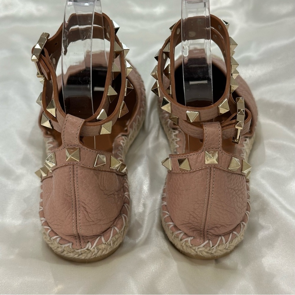 Valentino Garavani Rockstud Espadrille Sandals Leather Wrap Ankle Poudre Pink 35 - Picture 7 of 12